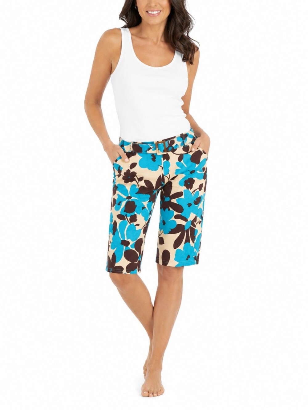 Elio Collection Women'sFloral  Capri Pants Blue and Brown Floral Size M Boho